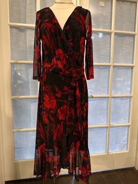 connected apparel Black Red Floral Long Sleeve Wrap Dress